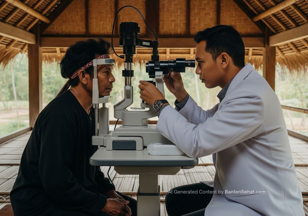 Seorang dokter mata sedang memeriksa pasien menggunakan peralatan medis modern di Desa Kanekes, melambangkan upaya menjaga kesehatan mata.