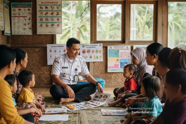 Seorang petugas kesehatan (nakes) dengan seragam Dinas Kesehatan sedang memberikan penyuluhan tentang gizi dan stunting kepada sekelompok ibu dan anak di sebuah Posyandu di Banten.