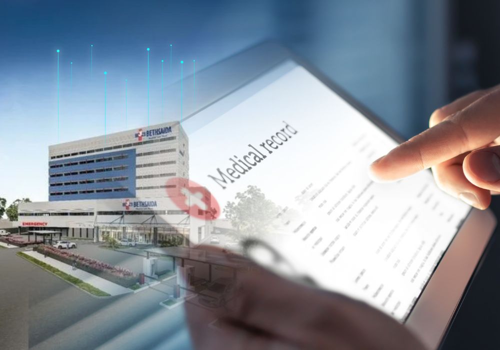 Ilustrasi Tampilan Electronic Medical Record dan Latar Belakang Sebuah Rumah Sakit