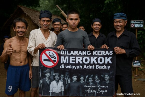 Sekelompok masyarakat adat Baduy bersama pemuda aktivis anti rokok membentangkan spanduk Dilarang Merokok di wilayah adat Baduy