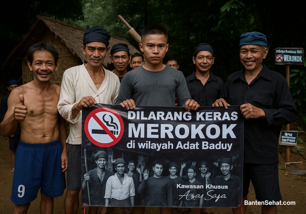 Sekelompok masyarakat adat Baduy bersama pemuda aktivis anti rokok membentangkan spanduk Dilarang Merokok di wilayah adat Baduy