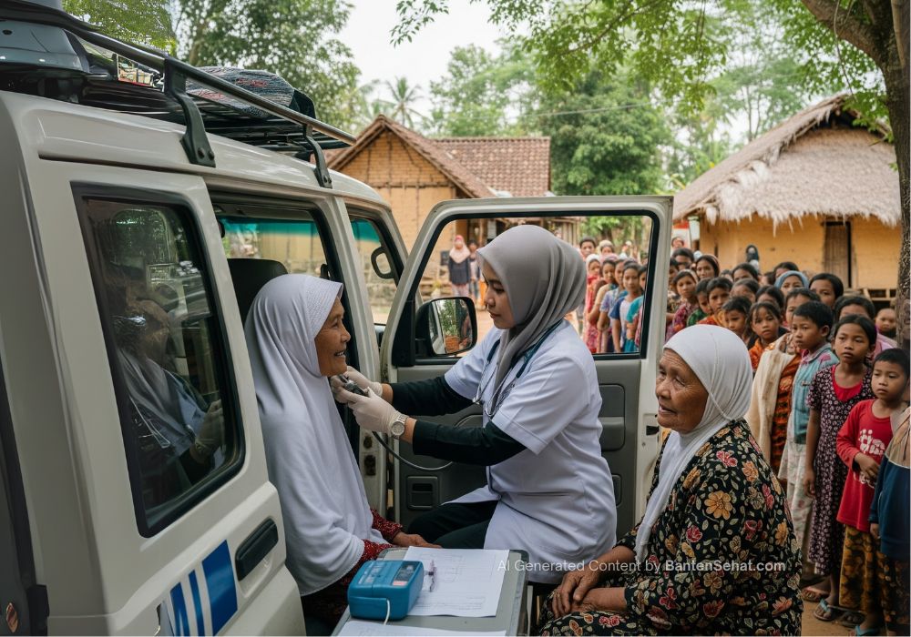 Ilustrasi seorang dokter tengan memeriksa kesehatan masyarakat di daerah terpencil.
