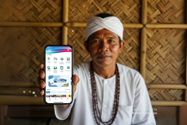 Yuk Cek Kesehatan Gratis Pakai BPJS dari HP, Bisa Deteksi 14 Penyakit Serius! Wargi Banten Wajib Tahu Caranya Seorang pria dari suku Baduy Dalam dengan pakaian tradisional serba putih sedang menunjukkan layar aplikasi skrining kesehatan di ponselnya ke arah kamera dengan latar dinding bambu.
