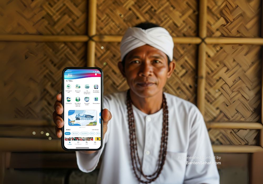 Seorang pria dari suku Baduy Dalam dengan pakaian tradisional serba putih sedang menunjukkan layar aplikasi skrining kesehatan di ponselnya ke arah kamera dengan latar dinding bambu.