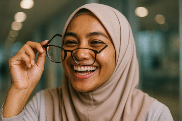 Seorang remaja tersenyum bahagia melepas kaca matanya