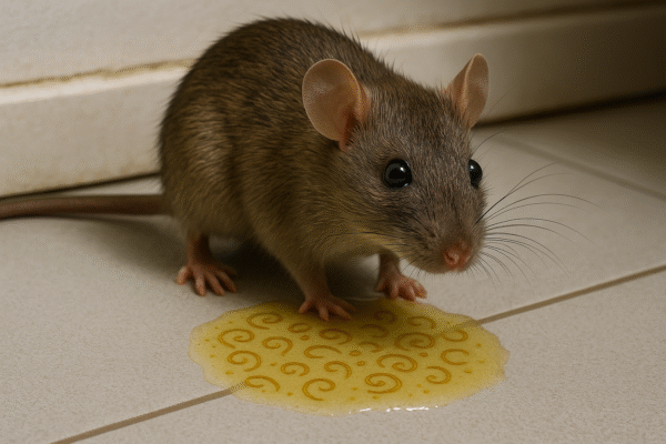 Wargi Banten Wajib Tahu! Leptospirosis Mengintai, Ini Cara Cegahnya Seekor tikus rumah sedang mengeluarkan urin di atas lantai keramik, terlihat mikroorganisme berbentuk spiral dalam cairan urin tersebut.