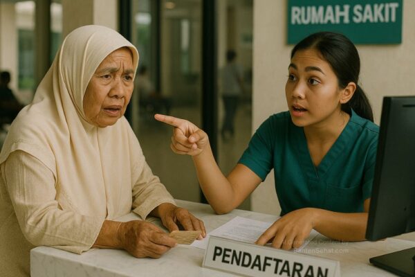 Seorang Petugas Pendaftaran Pelayanan di Rumah Sakit Sedang Memberi Pengarahan kepada Seroang Ibu-ibu Tua dalam Proses Pendaftaran