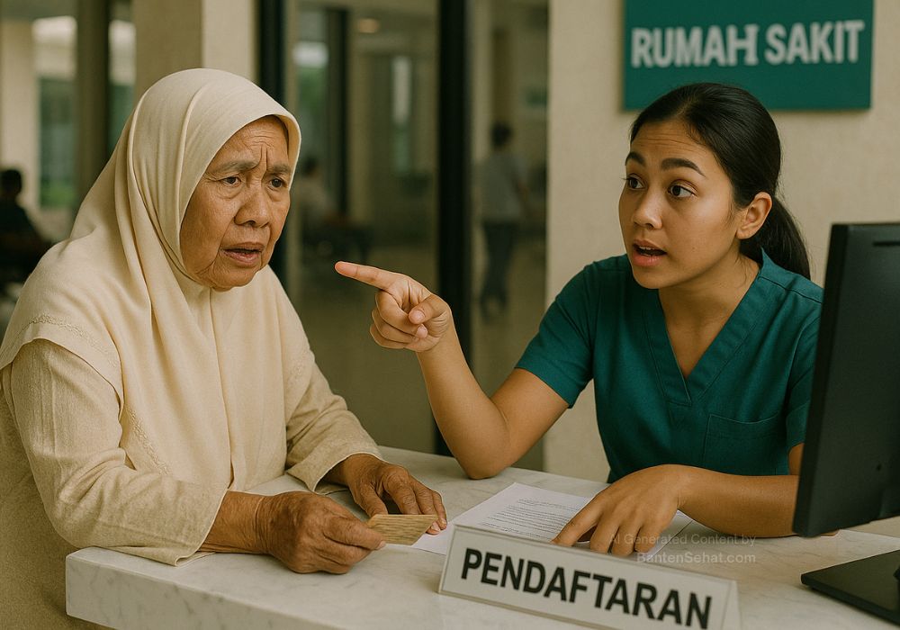 Seorang Petugas Pendaftaran Pelayanan di Rumah Sakit Sedang Memberi Pengarahan kepada Seroang Ibu-ibu Tua dalam Proses Pendaftaran